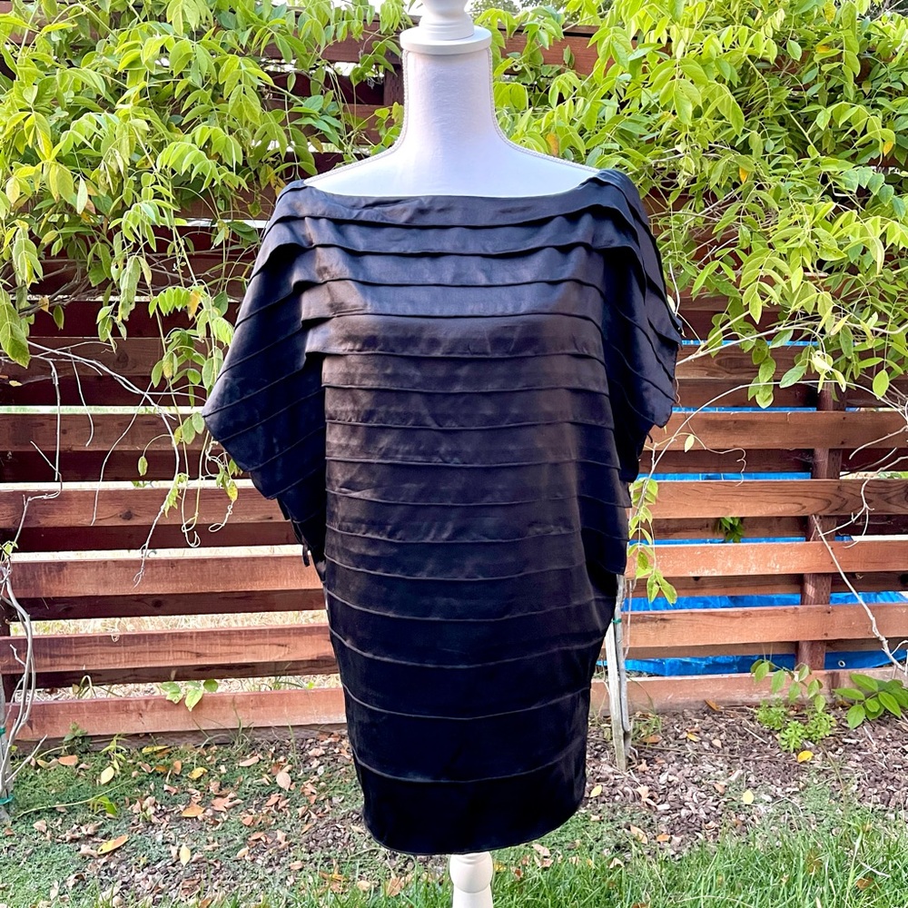 NWT Black Satin Bebe “Chara Layer Dress”